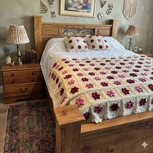 Vintage Granny Square 3D Floral Throw Afghan Knit Blanket w/ 2 Matching Pillows